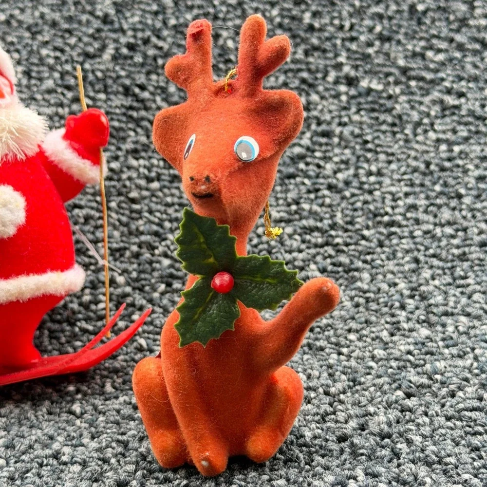 Vintage Flocked Christmas Ornaments Set Santa Skier Reindeer Mouse Mid‎ Century